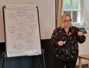 Rahel Baiie with flipchart showing AI and GenAI topics to discuss